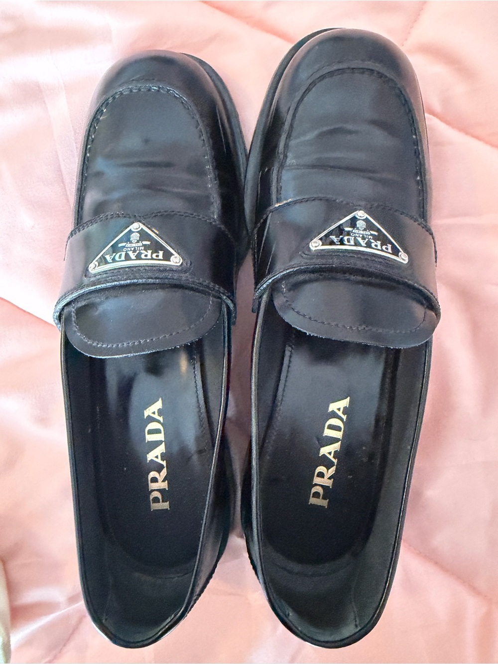 Prada Black Patent Leather Logo Penny Loafers